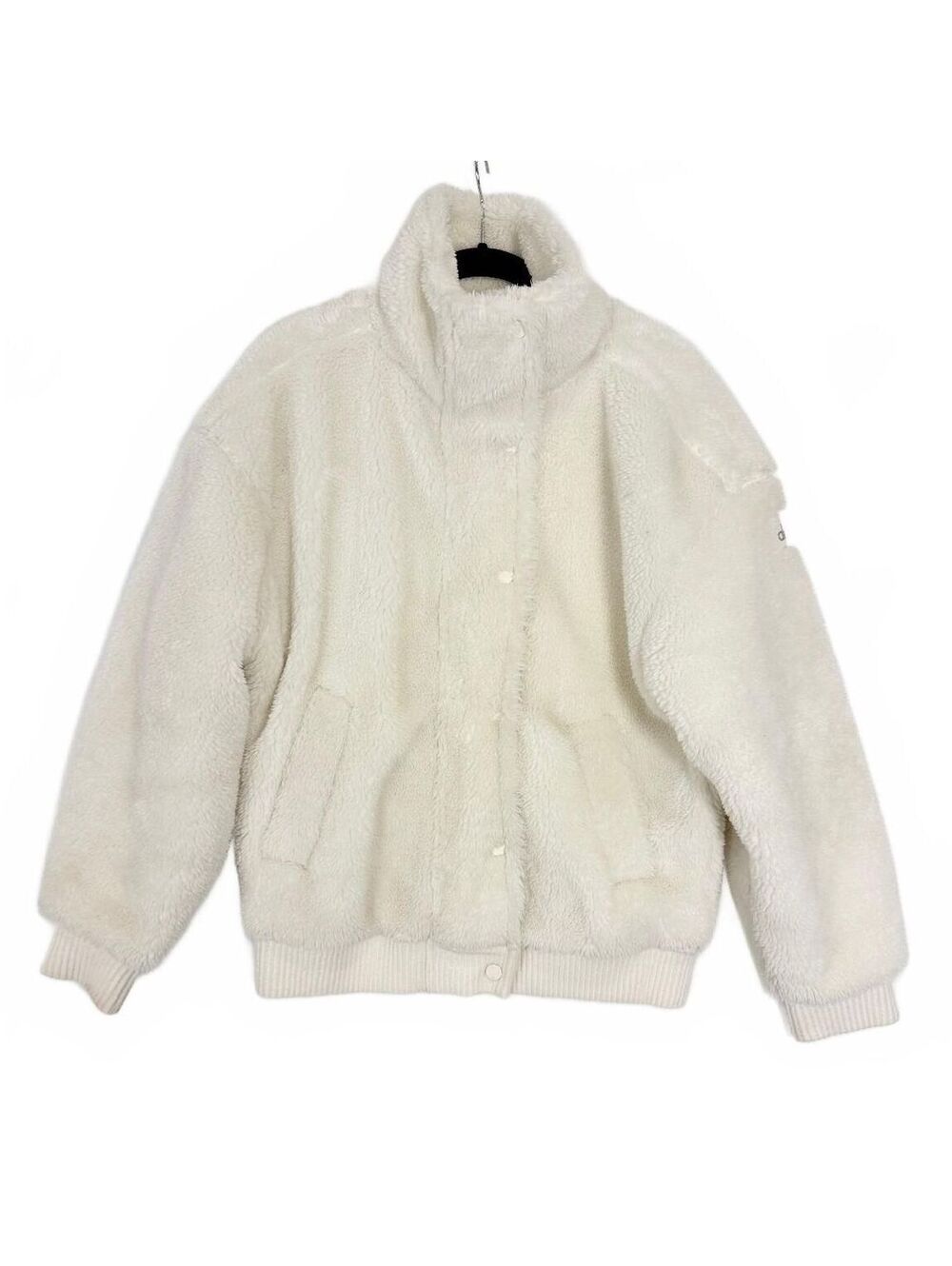 Alo Yoga Ivory Sherpa Varsity Bomber Jacket High Neck Full Snap Cozy Size XS